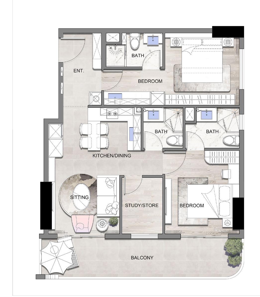 Listone Residence 2 Bedroom floor plan